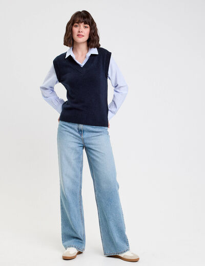 Pull 2-en-1 col en V bleu marine femme