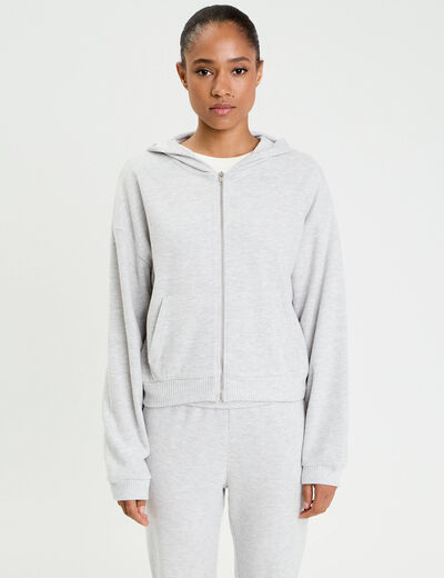 Sweat &agrave; capuche manches longues gris clair femme
