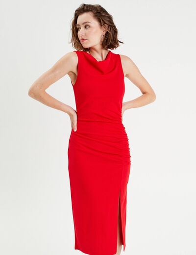 Robe longue ajustée drappée rouge femme