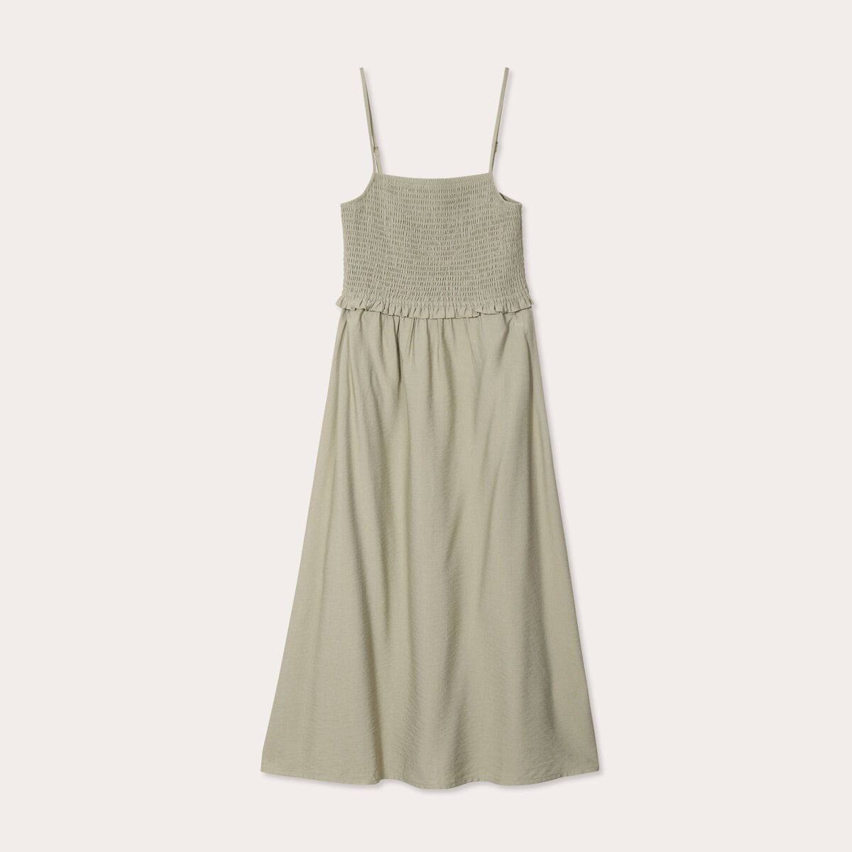 Robe midi évasée smockée vert kaki femme