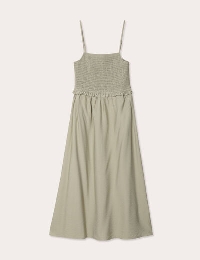 Robe midi évasée smockée vert kaki femme