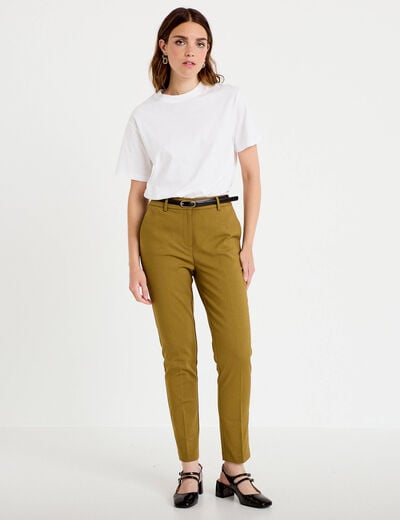 Pantalon cigarette ceintur&eacute; vert kaki femme