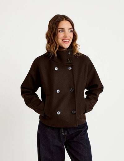 Veste chin&eacute;e col montant manches longues marron fonc&eacute; femme