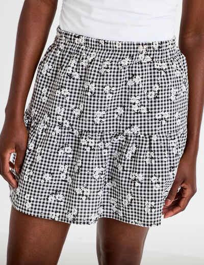 Jupe-short vichy broderie noir femme