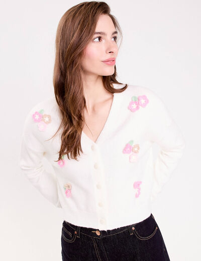 Gilet col v manches longues brod&eacute; ecru femme