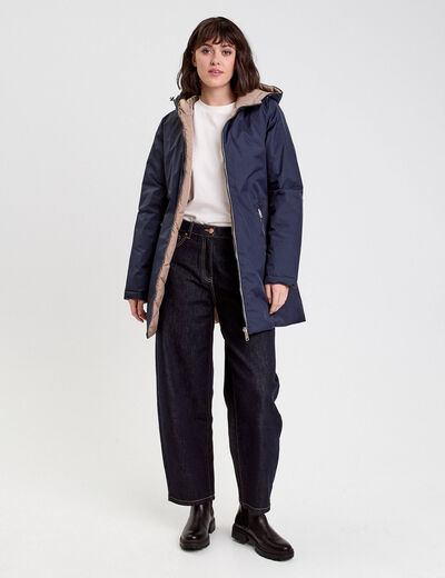 Parka à capuche réversible bleu marine femme