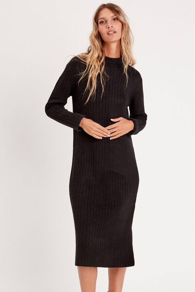 Robe longue droite côtelée noir femme