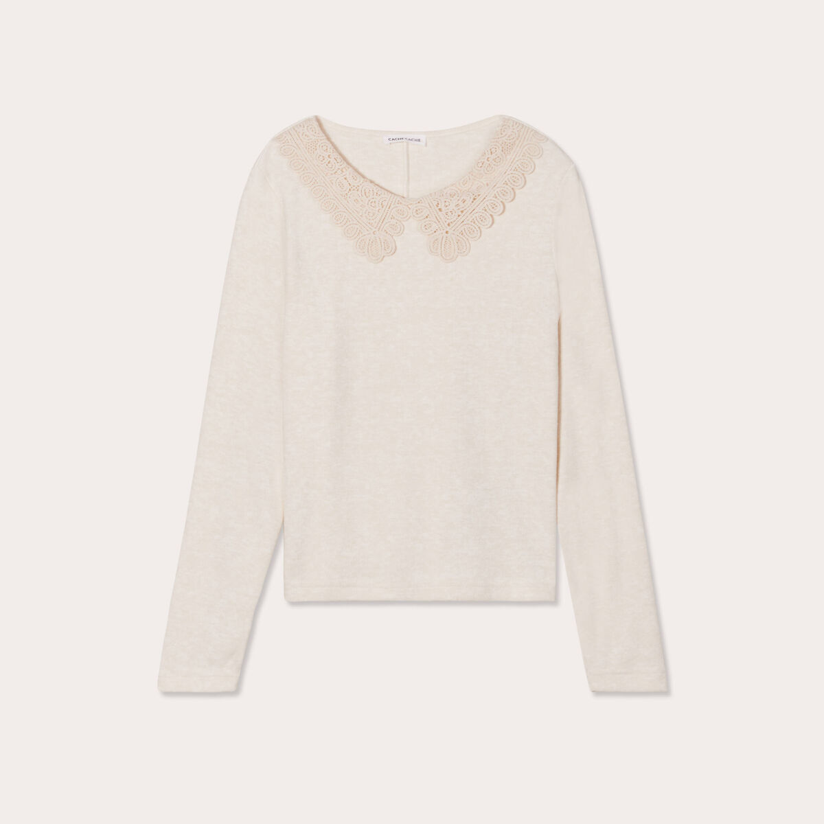 T-shirt col claudine macramé ecru femme