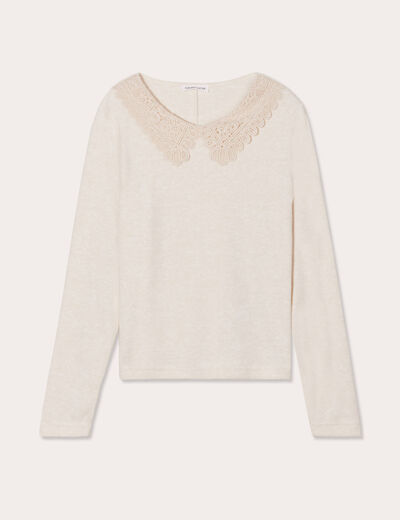 T-shirt col claudine macramé ecru femme