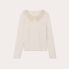 t shirt col claudine macrame ecru femme T-shirt col claudine macramé ecru femme