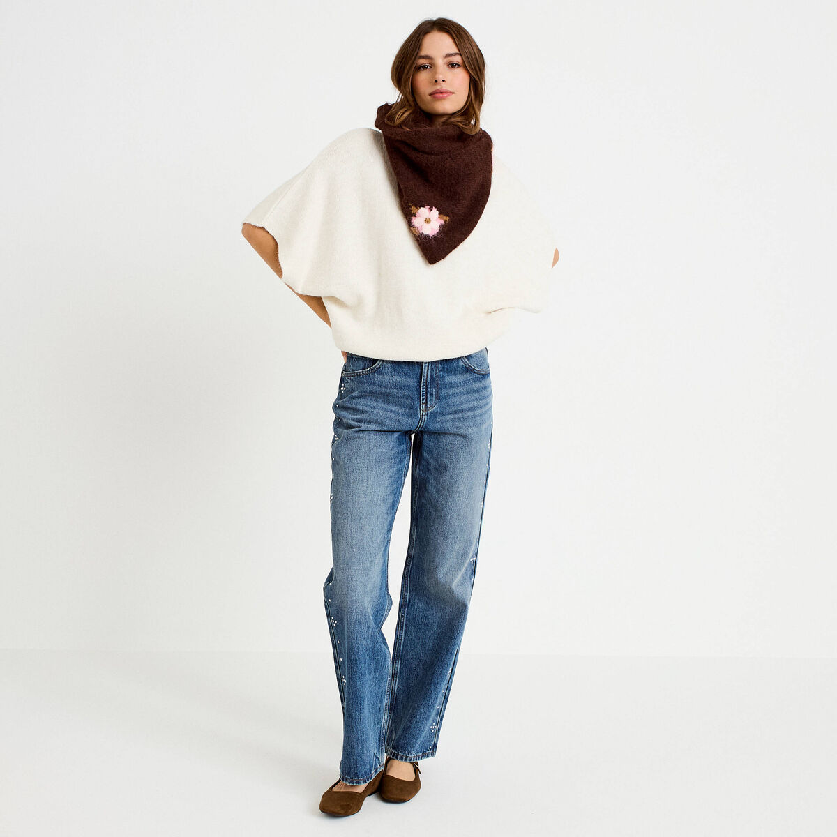 Pull oversize col rond manches courtes ecru femme