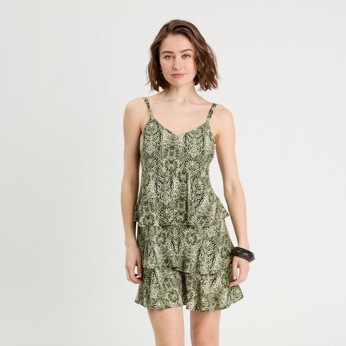Robe évasée volants vert kaki femme