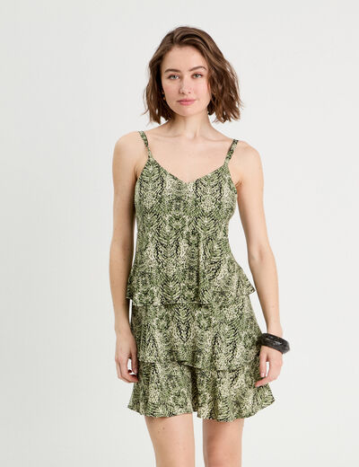 Robe évasée volants vert kaki femme