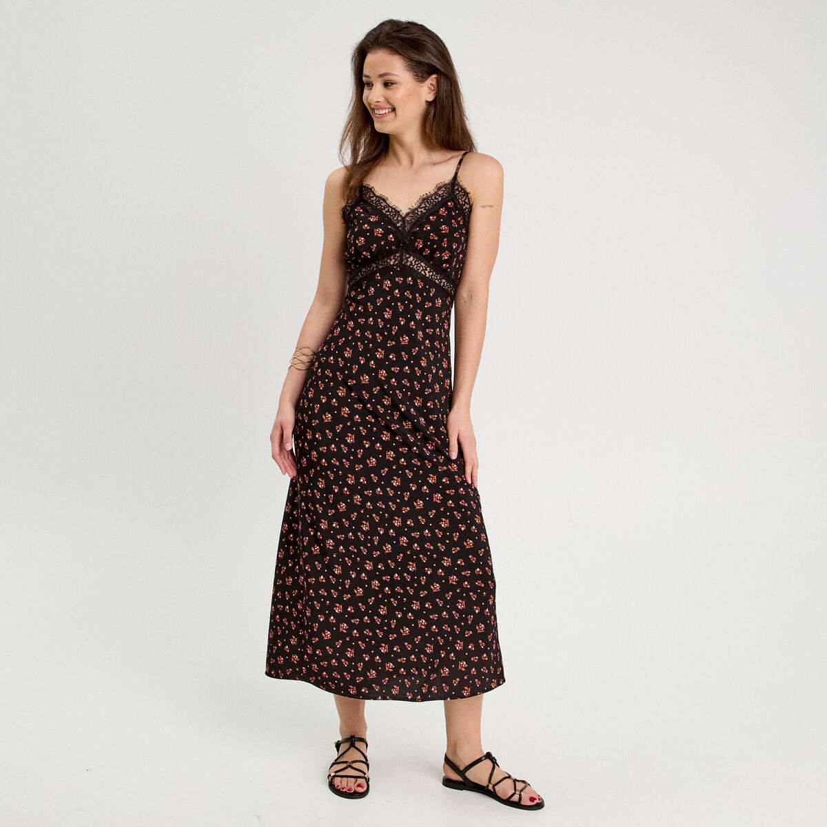 Robe longue droite bretelles noir femme