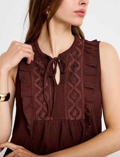 Top sans manches col v marron femme