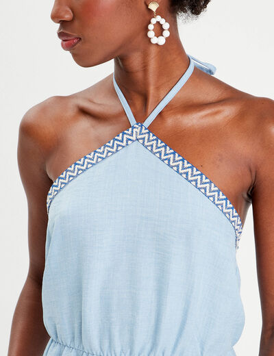 Robe évasée bretelles nouées denim bleach femme