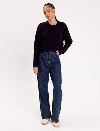 Pull avec torsades bleu marine femme