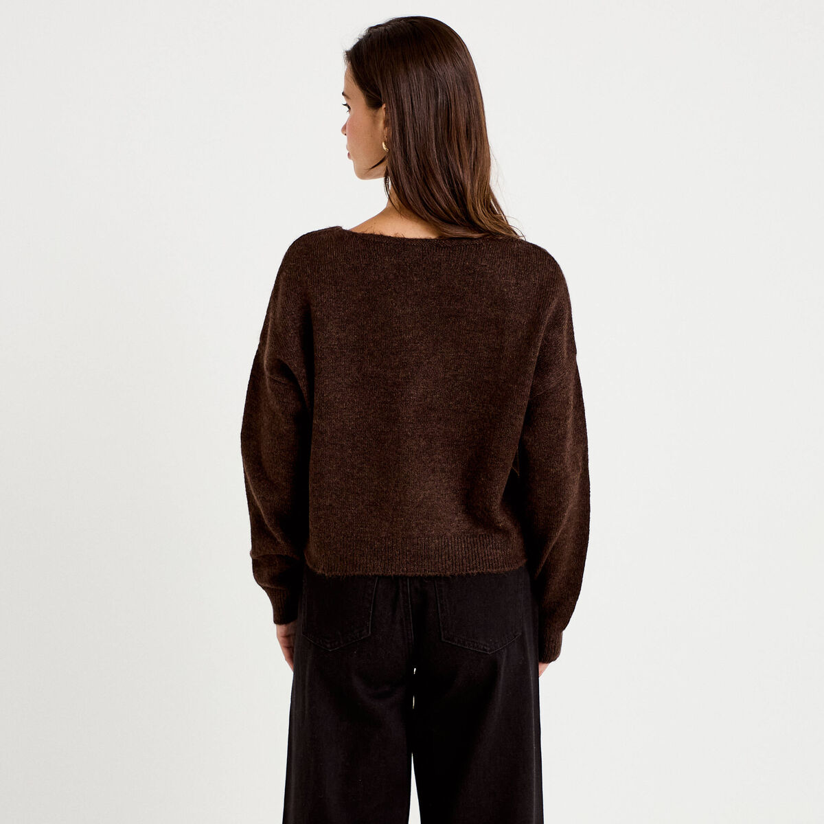 Gilet col v manches longues marron fonc&eacute; femme