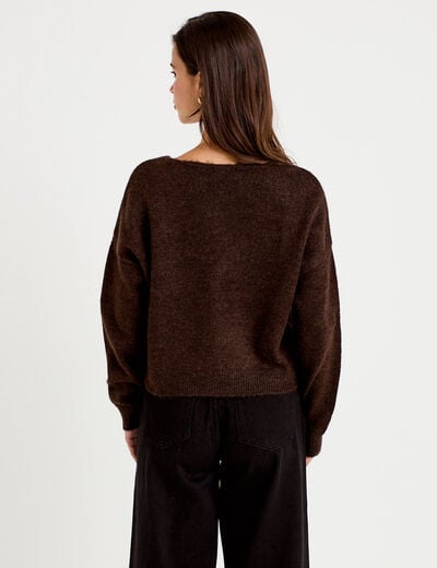 Gilet col v manches longues marron fonc&eacute; femme