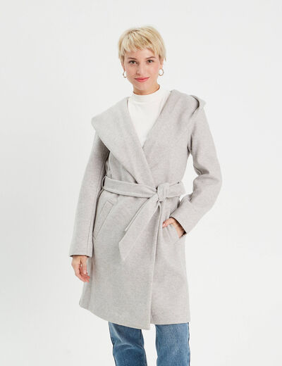 Manteau ceinturé à capuche gris clair femme