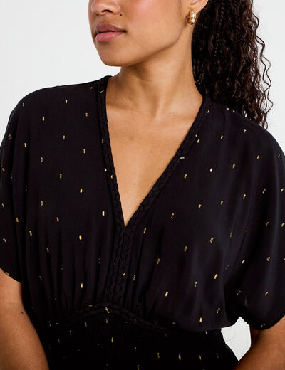 Robe &eacute;vas&eacute;e 3/4 col v manches courtes noir femme