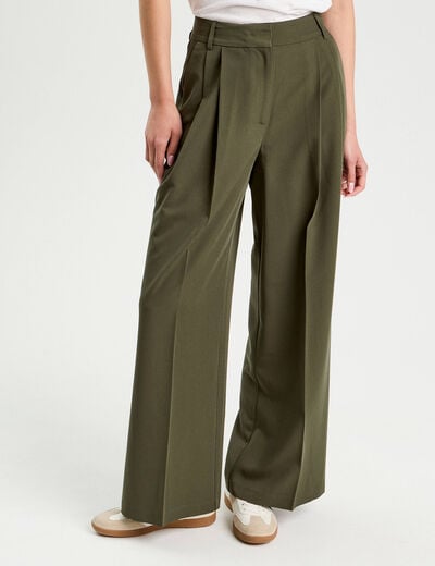 Pantalon large &agrave; pinces vert kaki femme