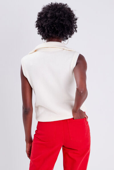 Pull débardeur avec col zippé ecru femme