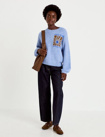 Pull ample col rond manches longues bleu ciel femme