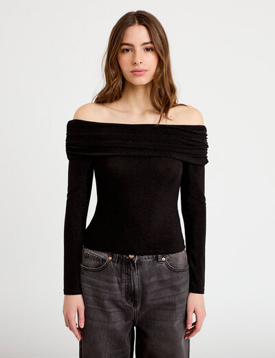 T-shirt col bardot brillant noir femme