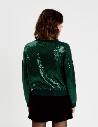 Pull manches longues avec sequins vert fonc&eacute; femme