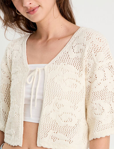 Gilet ajouré manches 3/4 ecru femme