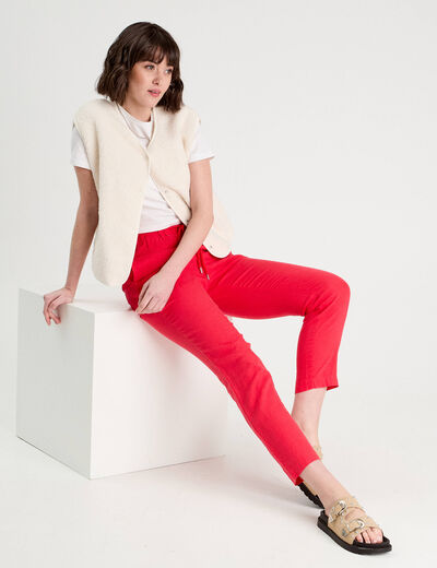 Pantalon droit fluide contenant du lin rouge femme