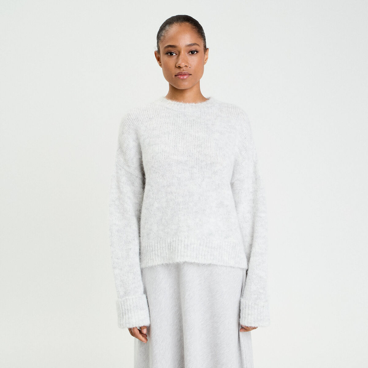 Pull col rond gris clair femme