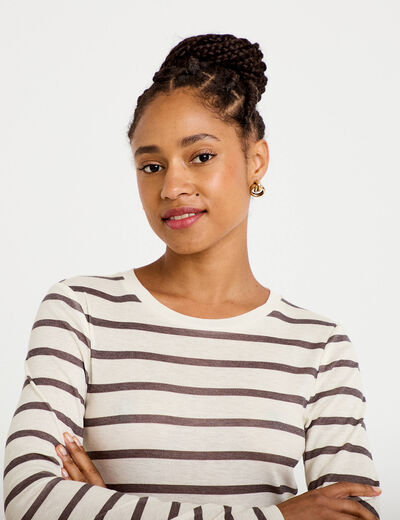 T-shirt ajust&eacute; col rond manches longues ivoire femme