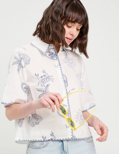 Chemise manches courtes brodée bleu marine femme