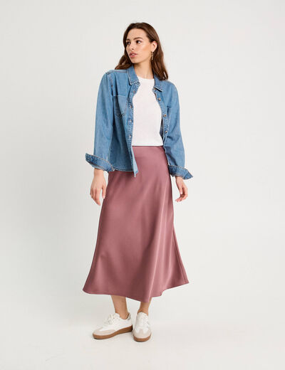 Jupe longue trapèze satin vieux rose femme
