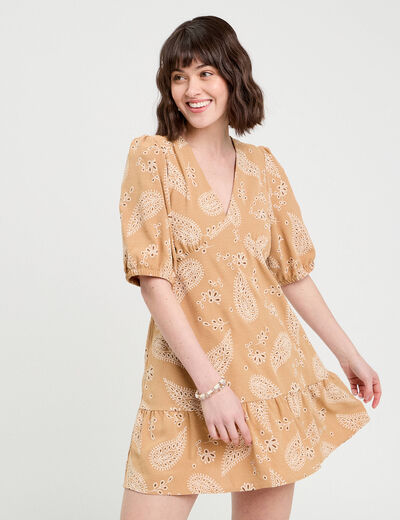 Robe évasée manches courtes camel femme