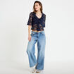 Blouse dentelle &agrave; volants bleu marine femme