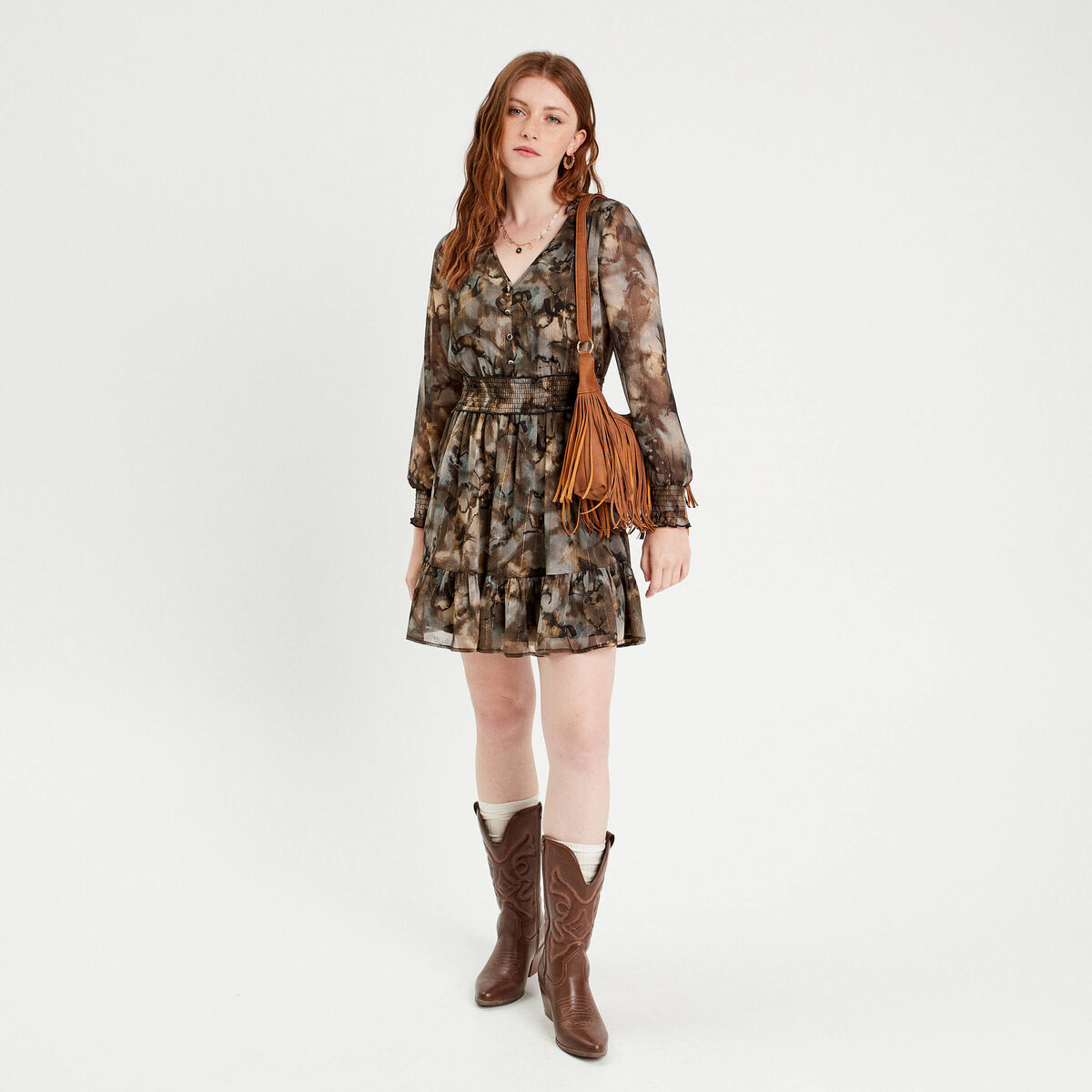Robe patineuse smockée gris femme
