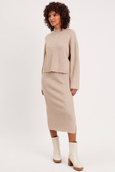 Pull col montant torsades beige femme