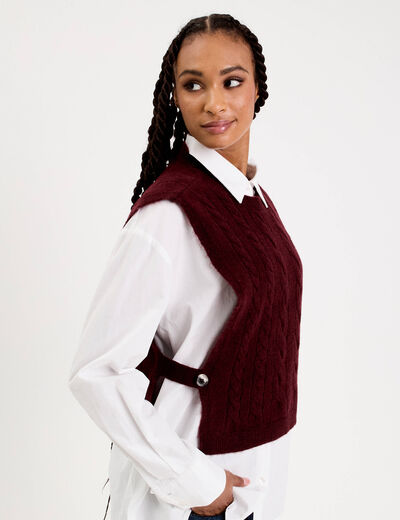 Pull sans manches torsad&eacute; violet fonc&eacute; femme