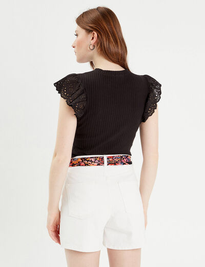 T-shirt manches courtes côtelé noir femme