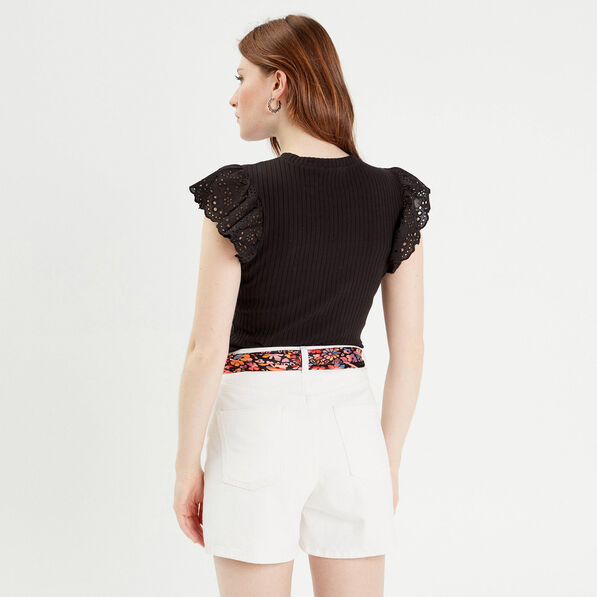 T-shirt manches courtes côtelé noir femme