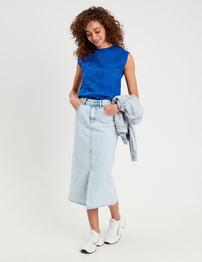 T-shirt sans manches brodé bleu electrique femme