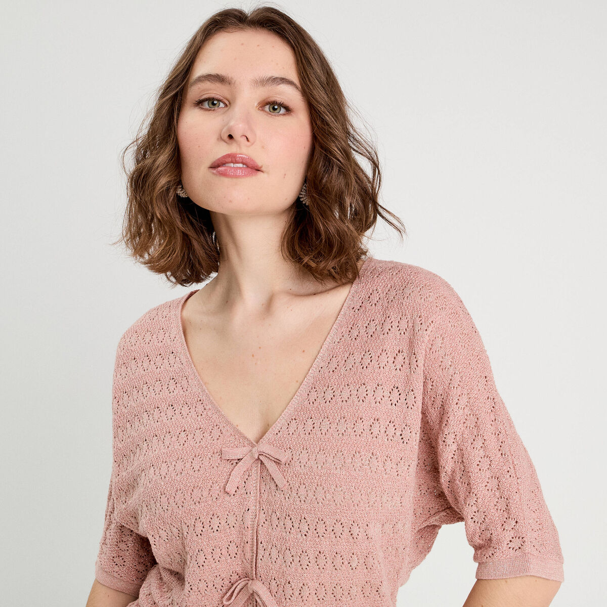 Pull ajour&eacute; manches 3/4 rose pastel femme