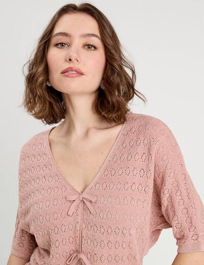 Pull ajouré manches 3/4 rose pastel femme