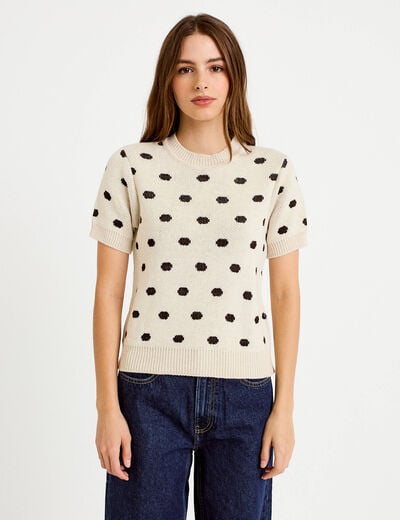 Pull cintr&eacute; col rond manches courtes ecru femme