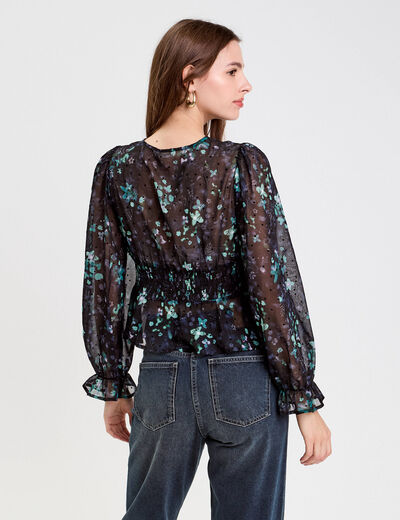 Blouse cintr&eacute;e courte en voile col V noir femme