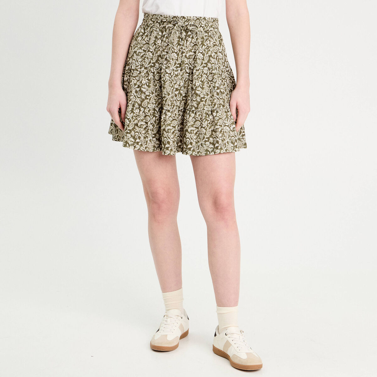 Jupe évasée taille élastiquée vert kaki femme