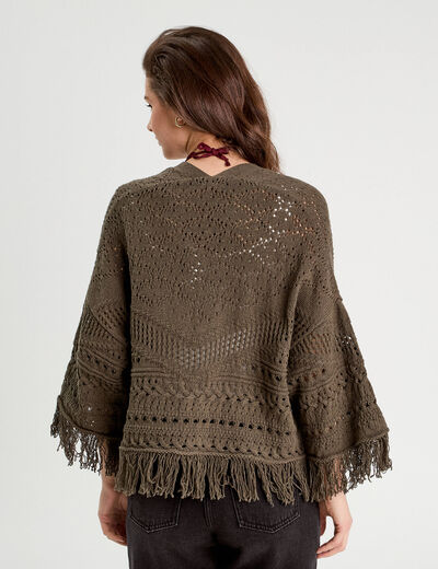 Gilet ajouré avec franges vert kaki femme